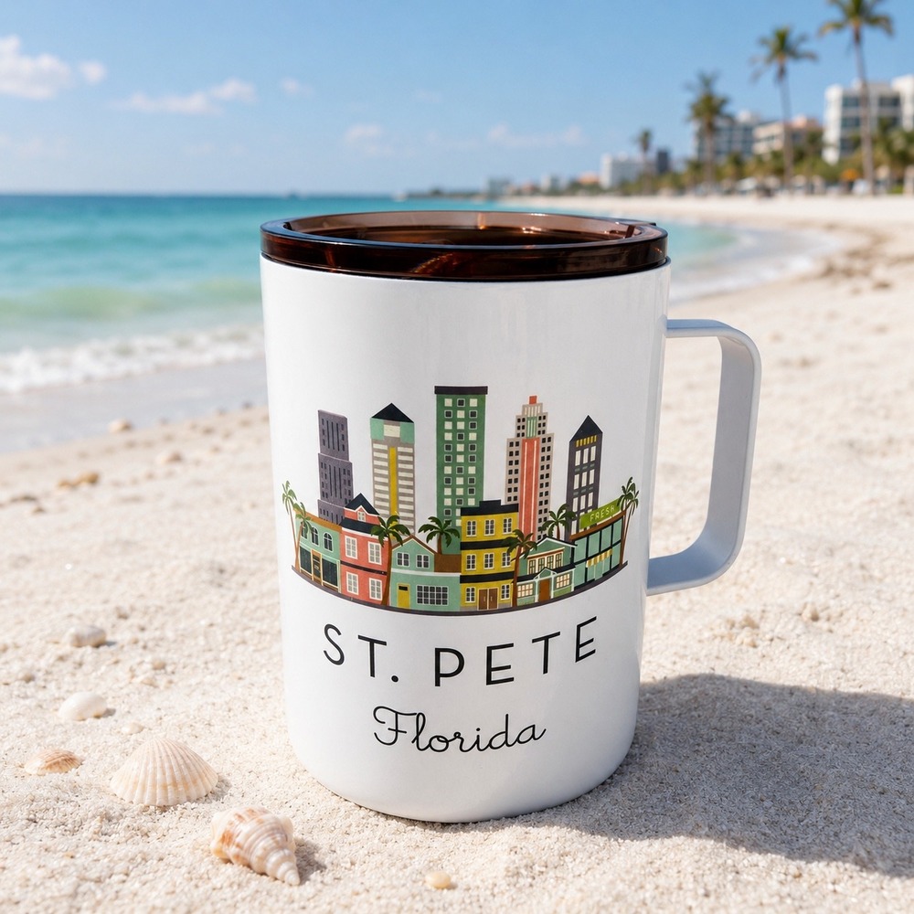 St. Pete Beach Florida Skyline Travel Mug Tumbler White Stainless‎ Steel 12oz